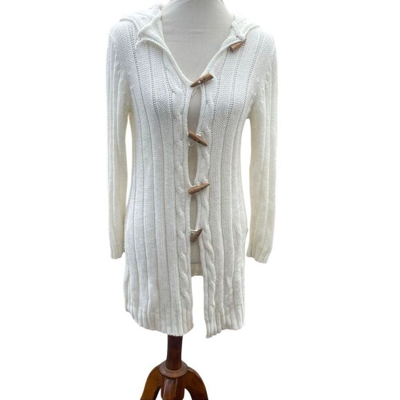 Fancy Design White Knit Hooded Sweater Jacket Toggle Buttons Size S/M NWOT - Picture 3 of 9